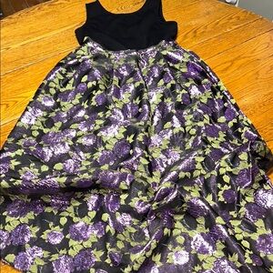 ModCloth Maxi Invitation Only style. Black bodice, purple roses on skirt. Medium
